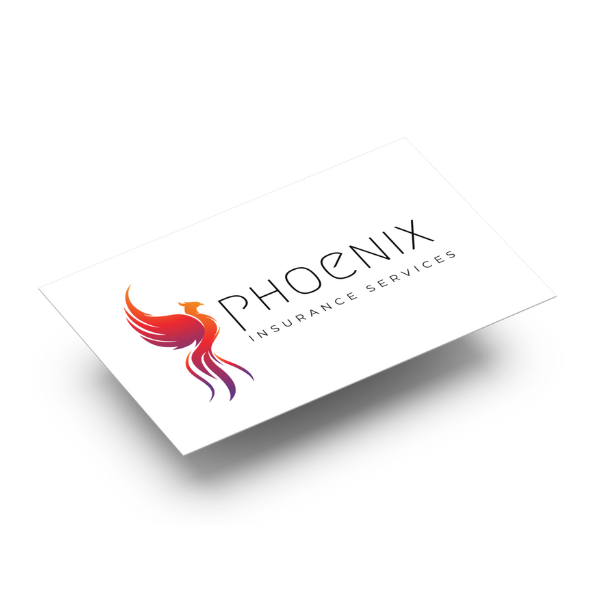 A white business card with a minimalistic gradient phoenix in orange, pink and purple hues created by Sprout Marketing and Advising