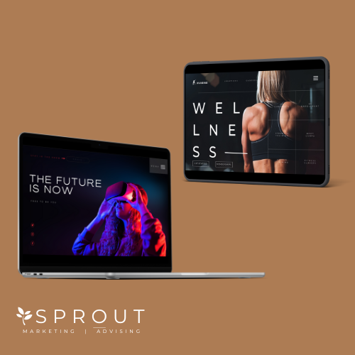 An instagram post shows two devices showcasing creative web design services from Sprout Marketing and Advising with a golden background