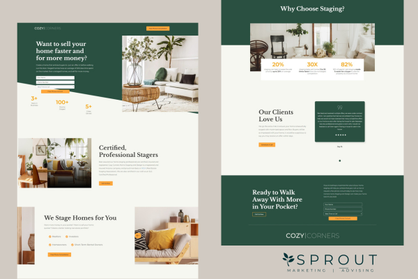 Clean and simple landing page design in green and yellow hues for an interior design service in Arizona designed by Sprout Marketing and Advising