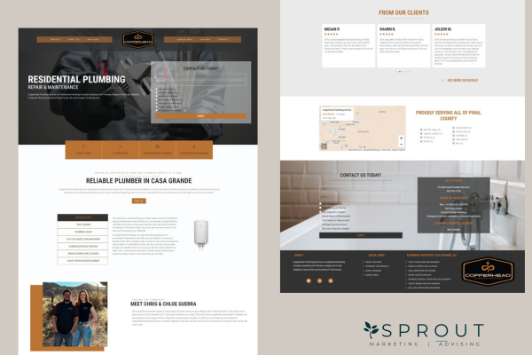 A residential plumbing service homepage in orange and grey hues designed by Sprout Marketing and Advising