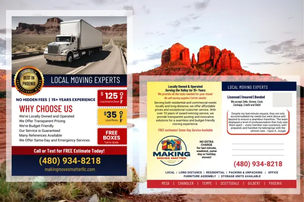 A postcard mailer business advertisement for a moving service in Mesa, Arizona