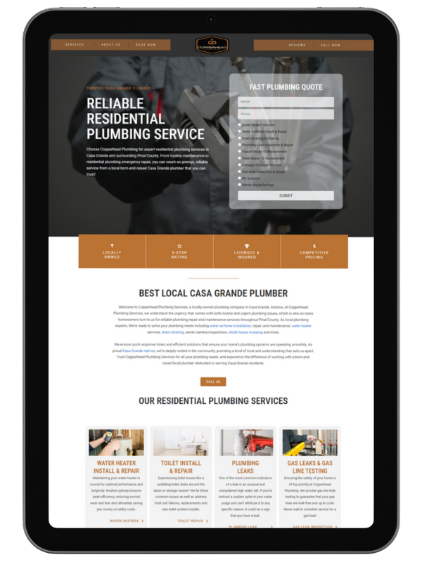 A tablet displaying custom WordPress website design for a Casa Grande plumber