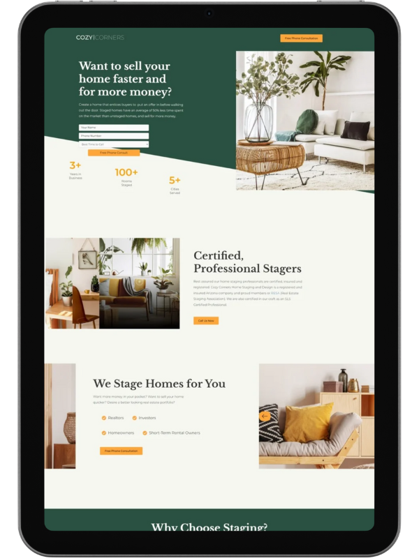 A tablet displaying custom WordPress website design landing page for an interior designer in Phoenix Az