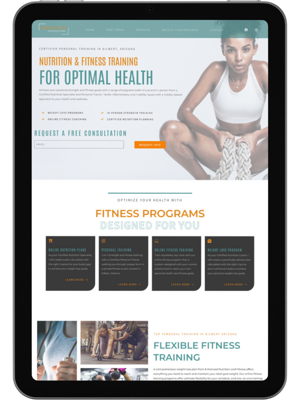 A tablet displaying custom WordPress website design for a fitness trainer in Gilbert AZ