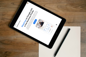 Tablet displaying Google Business Profile for the blog on How to Optimize your Google Business Profile–Like a Pro by Sprout Marketing and Design