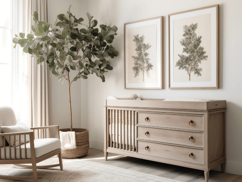 Soft neutral nursery with a wood dresser, rocking chair and framed botanical prints