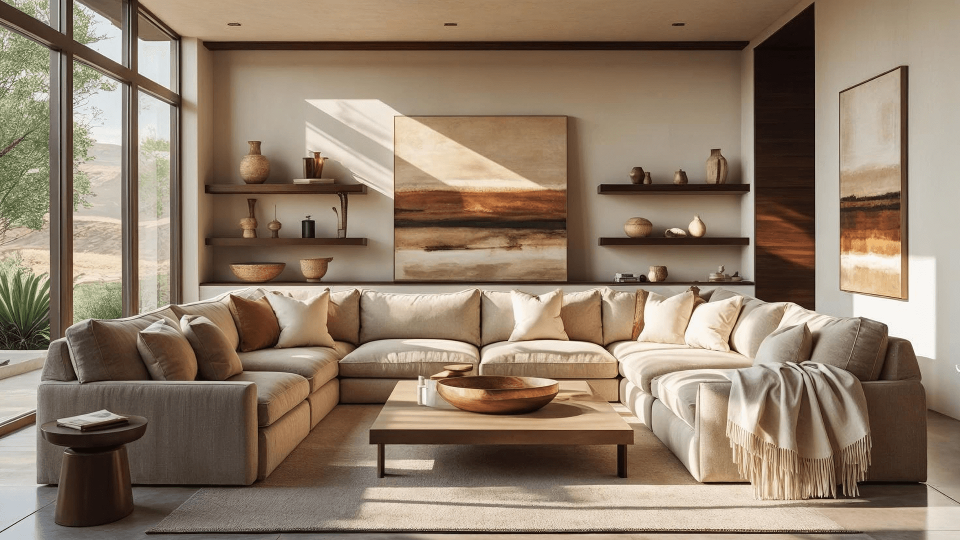 Warm neutral living room with a large sectional, wood shelving and floor-to-ceiling windows