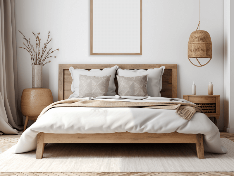 Light-filled bedroom with a wood bed frame, layered linens and a woven pendant
