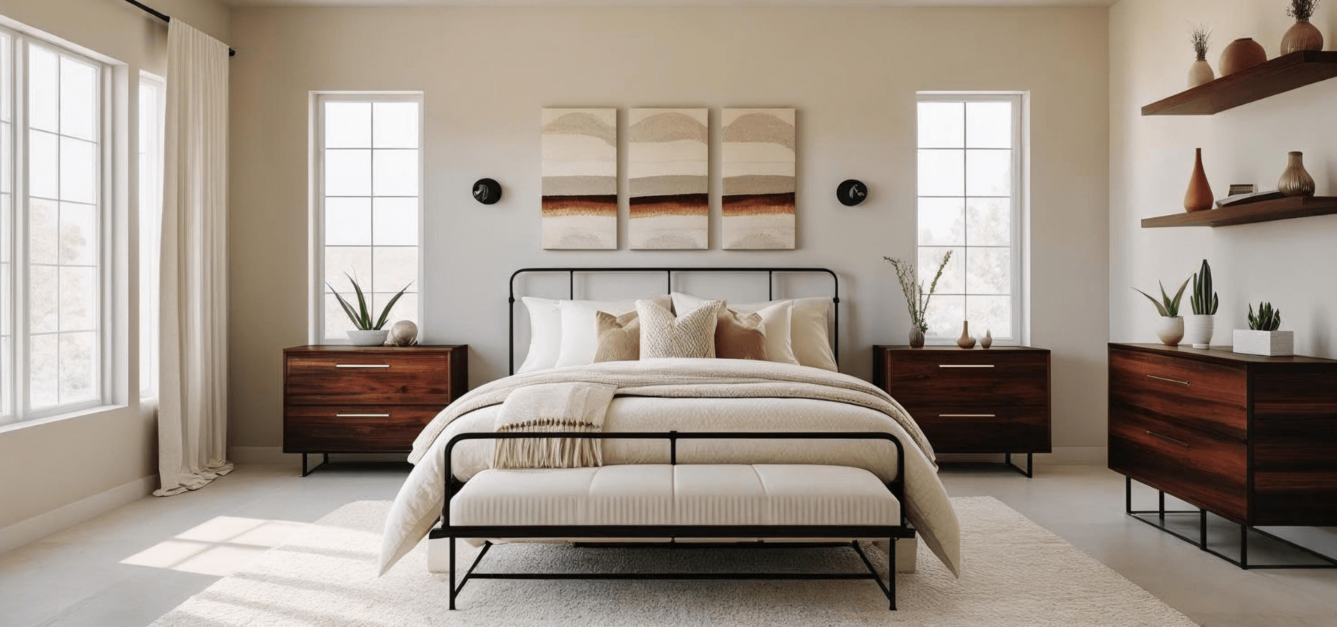 Bedroom with a black metal bed, layered pillows and triptych wall art