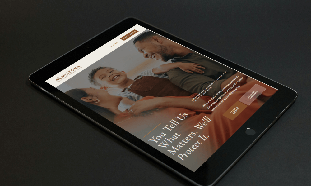 Mizzona Insurance Consultants homepage on a tablet, part of an insurance agency website design project