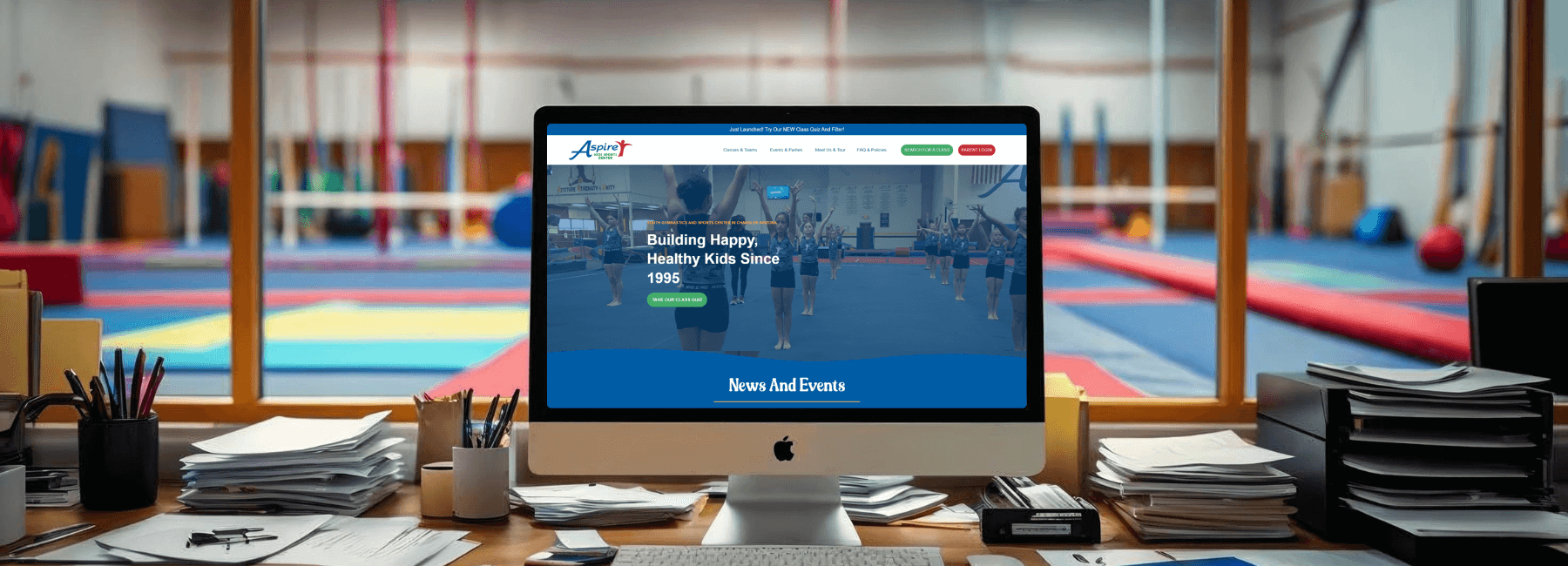 Youth sports website design for Aspire Kids Sports Center shown on a desktop screen