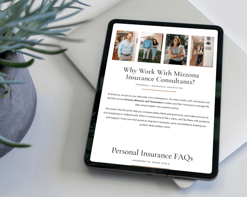 Mizzona Insurance Consultants website page on a tablet