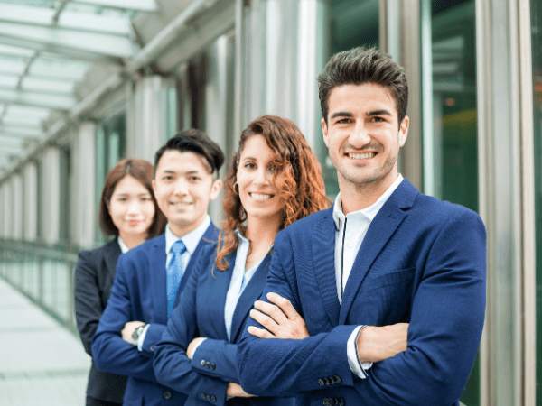 Tax advisors standing outside the office building