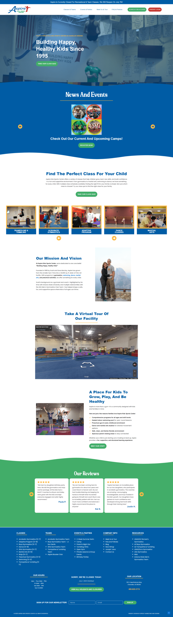 Redesigned Aspire Kids Sports Center youth sports website