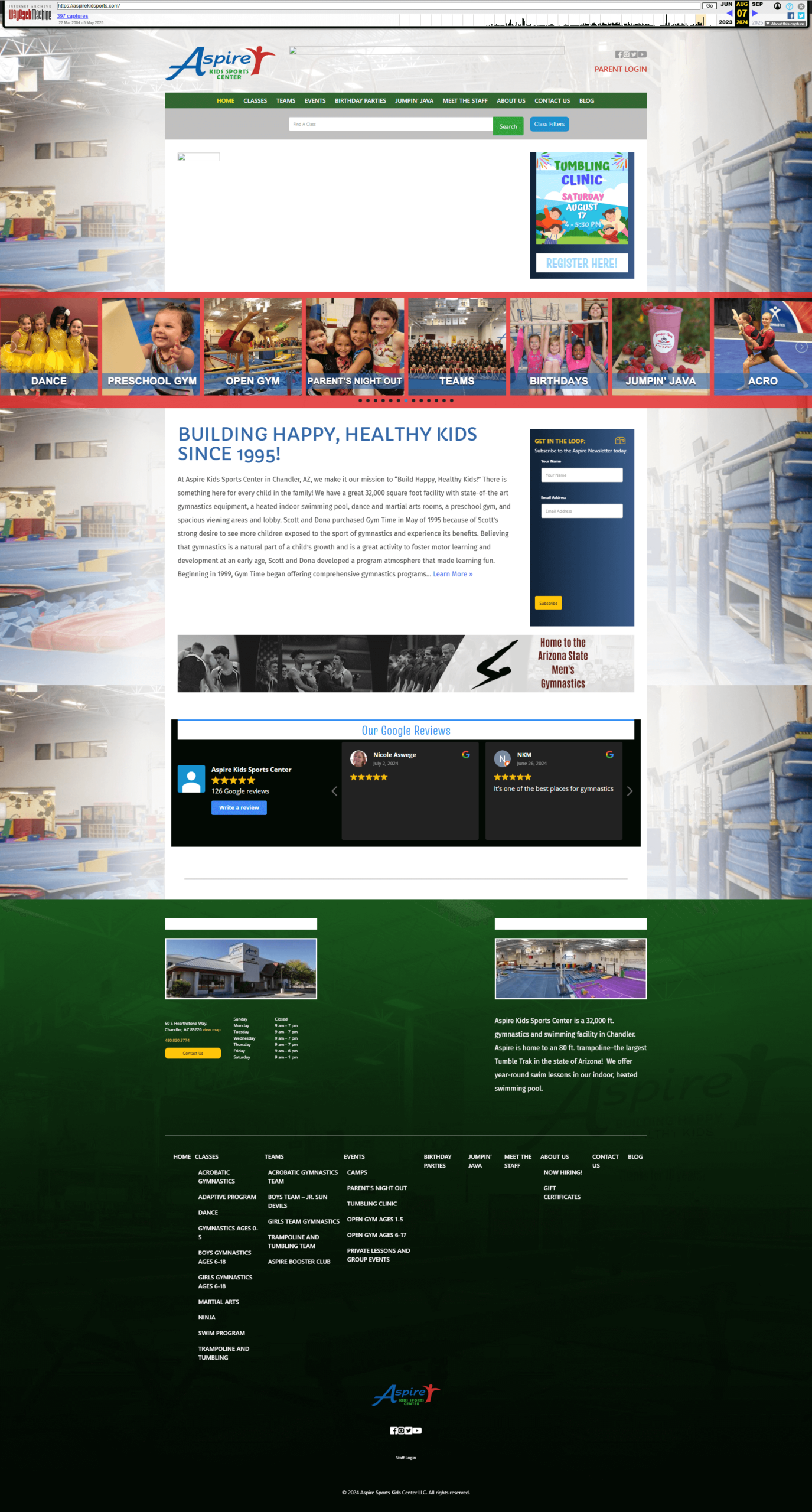 Previous Aspire Kids Sports Center website before the redesign