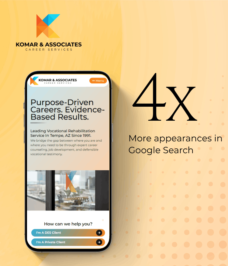 Google Search Console results showing 4x more search appearances for Komar & Associates