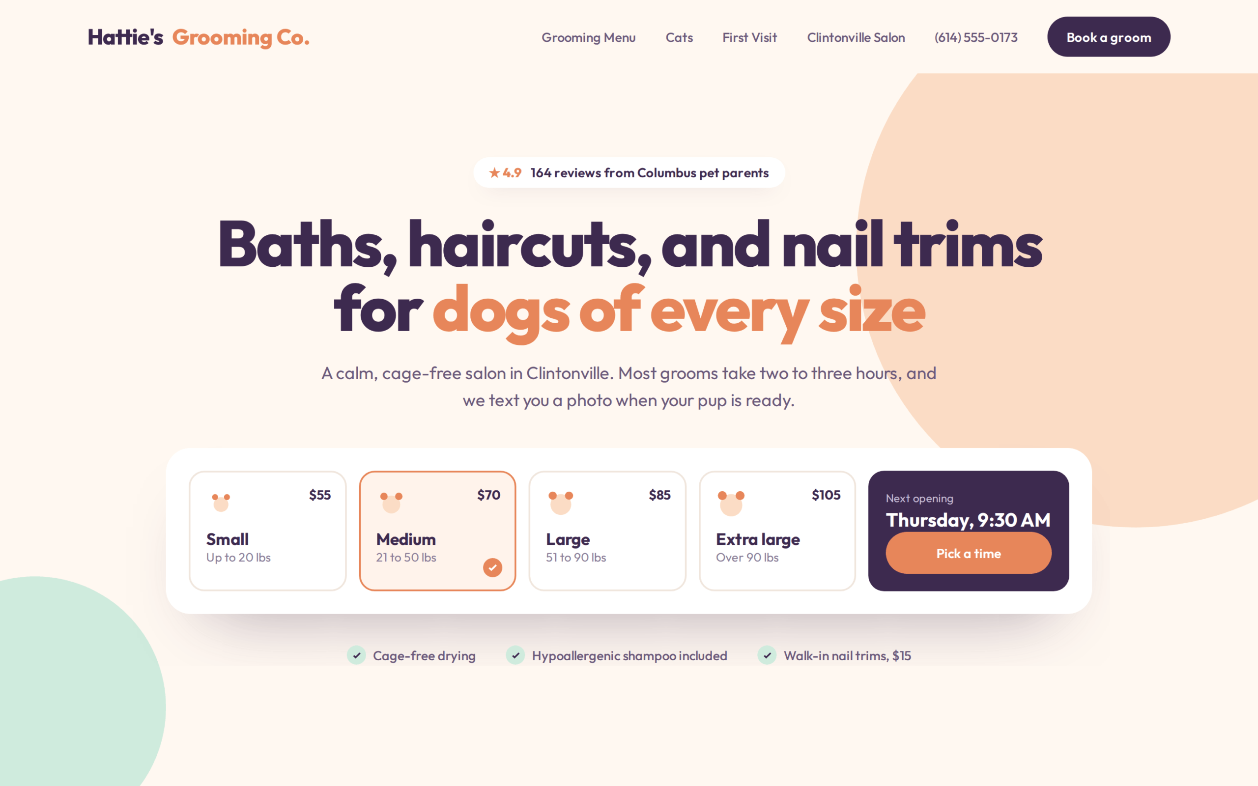 Hattie's Grooming Co. website after the redesign