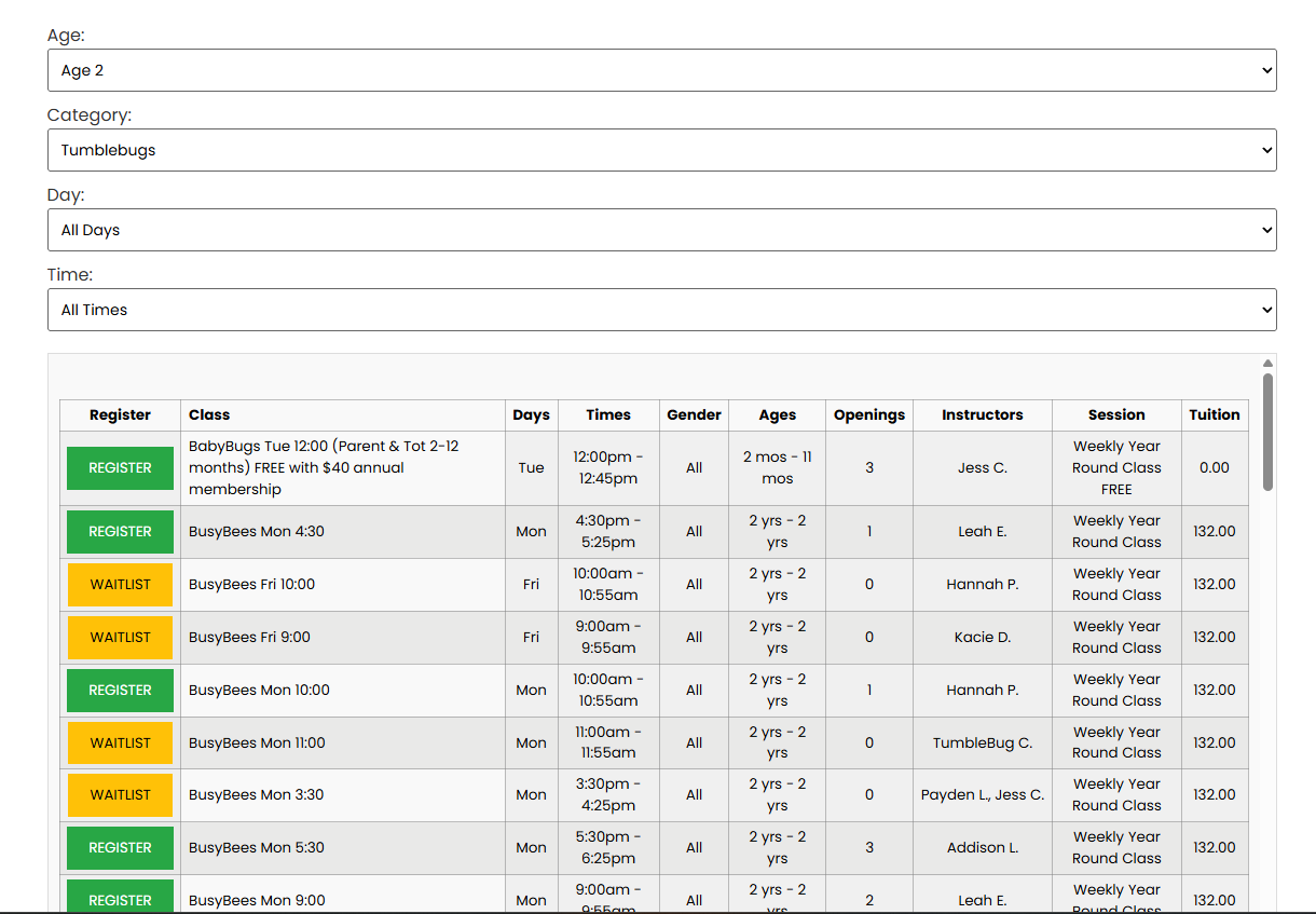 Auto-updating class search feature on the Aspire Kids Sports Center class registration website