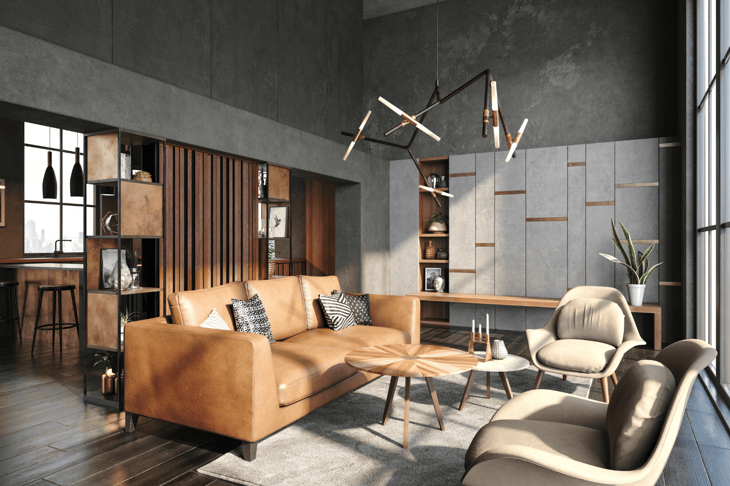 Concrete and glass living room in a design-build home