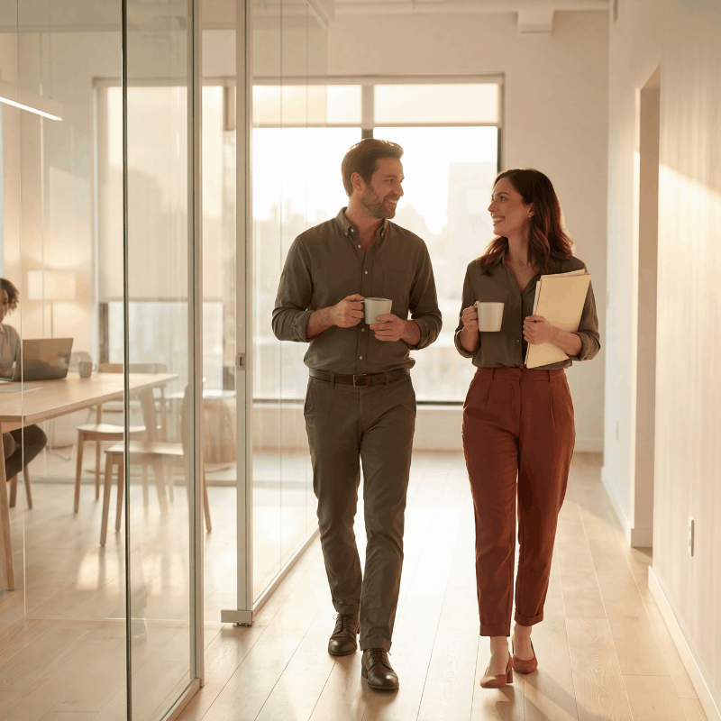 Independent insurance agents walking together through an office