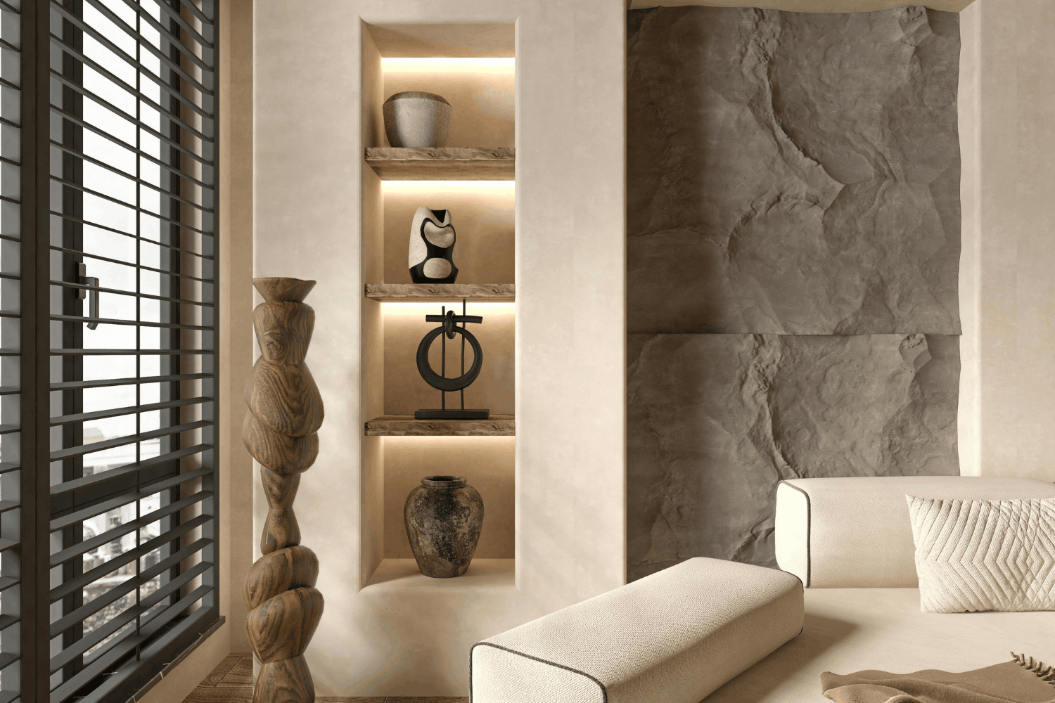 Sitting area with large windows and soft light