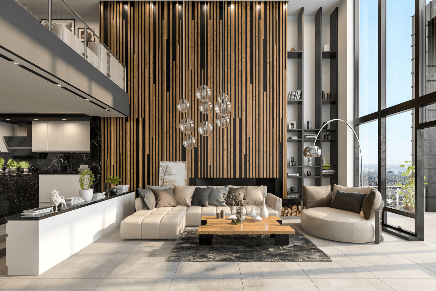 Open modern living room with tall windows
