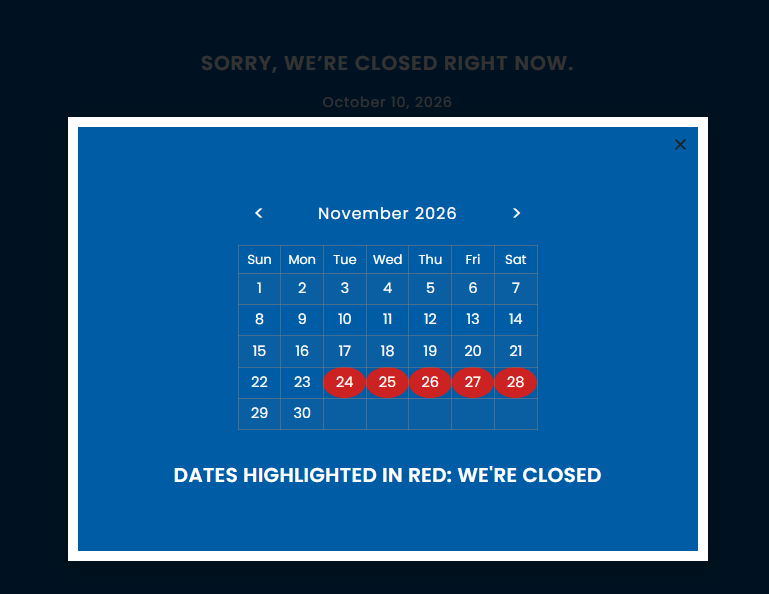 Open and closed messaging on the Aspire Kids Sports Center website