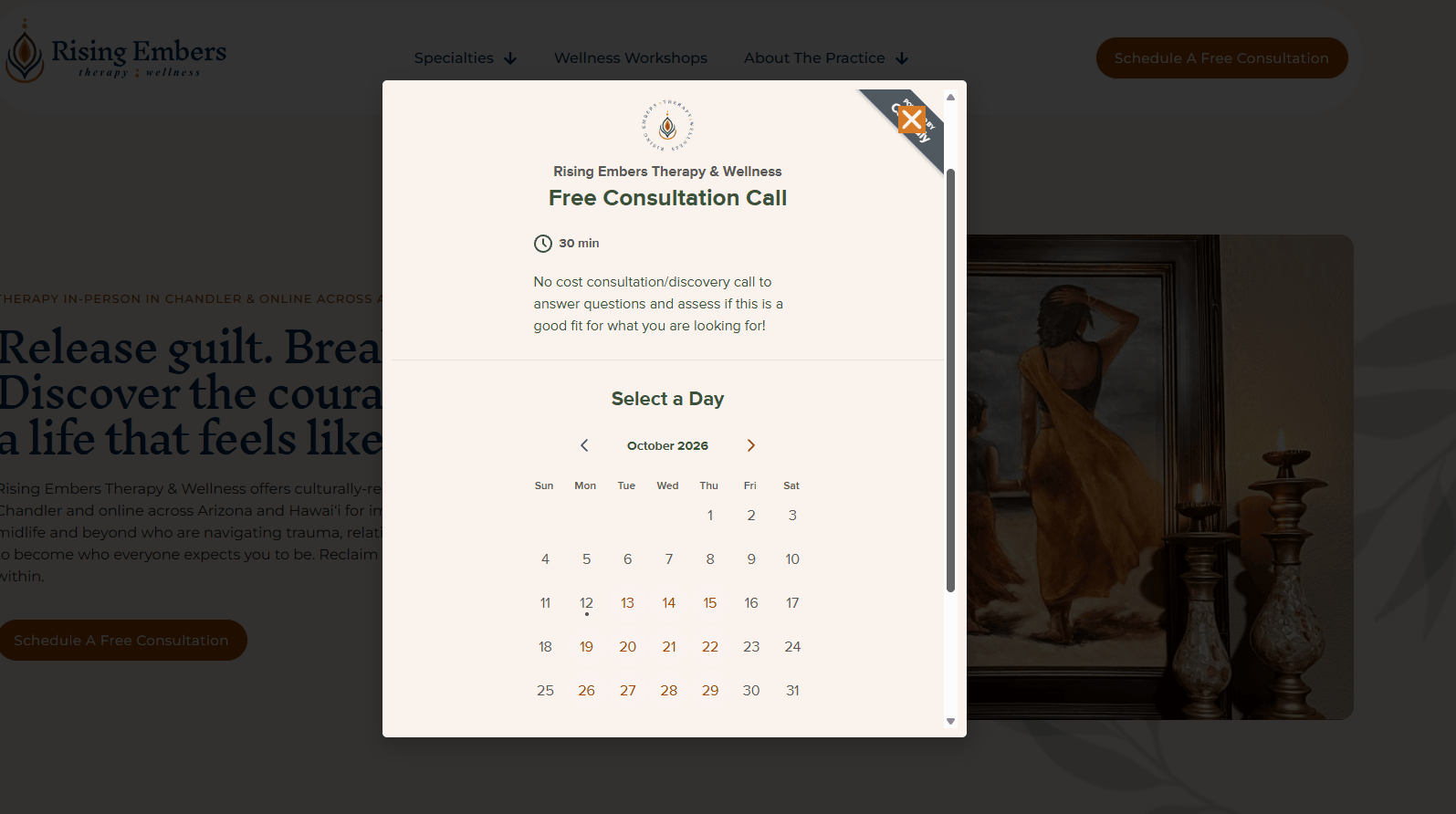 Calendly scheduler for booking a free consultation on the Rising Embers website