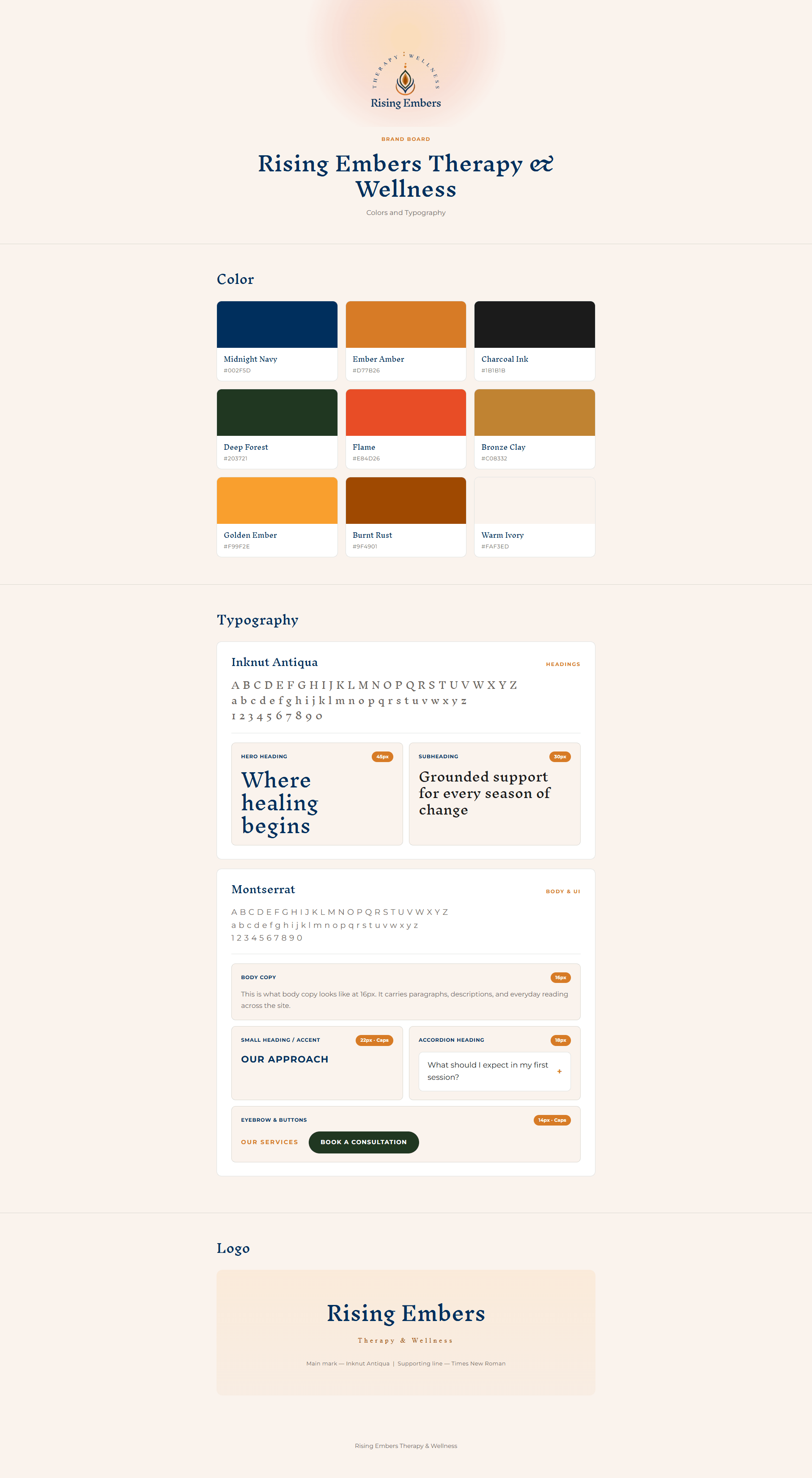 Rising Embers Therapy brand board with logos, color palette, typography and icons