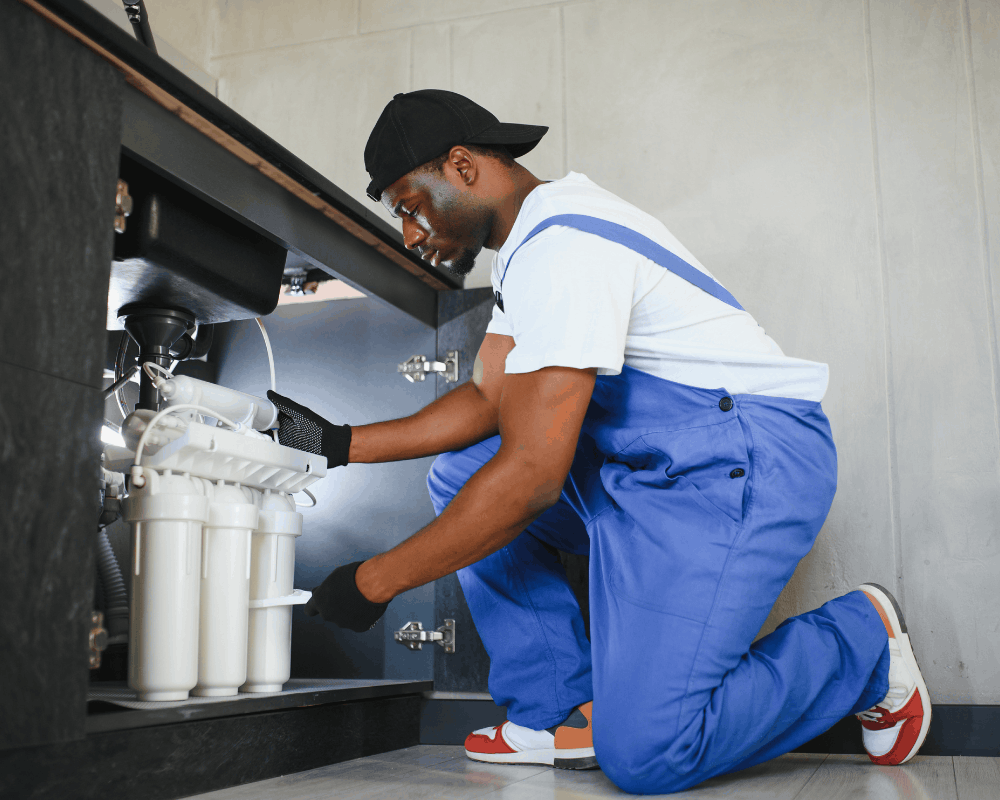 Pruitt plumber installing a filtration system under a kitchen sink in a Fort Worth home