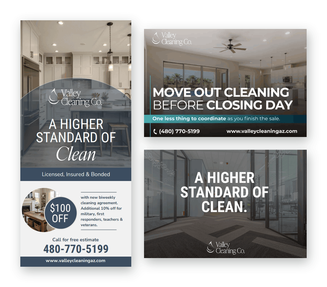 Valley Cleaning Co. door hanger, move-out cleaning postcard and office cleaning postcard designs