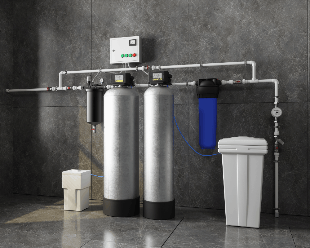 Whole-home water softener installed in a garage