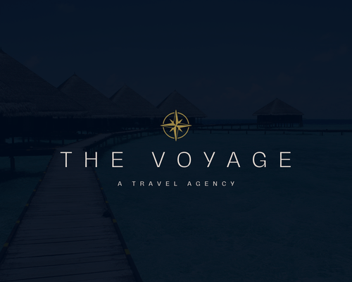 Logo design concept for The Voyage Travel Agency, featuring a tropical theme with huts on the water in the background, created by Sprout Marketing and Design in Chandler, AZ, representing an adventurous and exotic travel brand