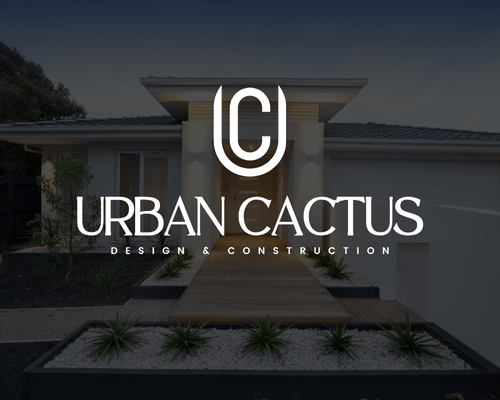 Logo design concept for Urban Cactus Design, featuring a house in the background, created by Sprout Marketing and Design in Chandler, AZ, representing a modern and stylish home design brand.