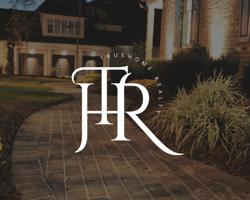 Logo design concept for TrueHome Realty, featuring a home in the background, created by Sprout Marketing and Design in Chandler, AZ, representing a trustworthy and professional real estate brand