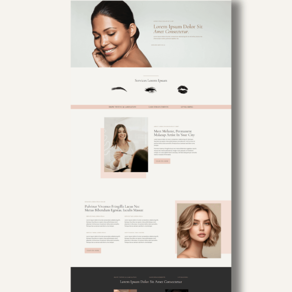 Single-page WordPress website template for beauty services, estheticians, lash artists, and brow techs with built-in booking platform integration