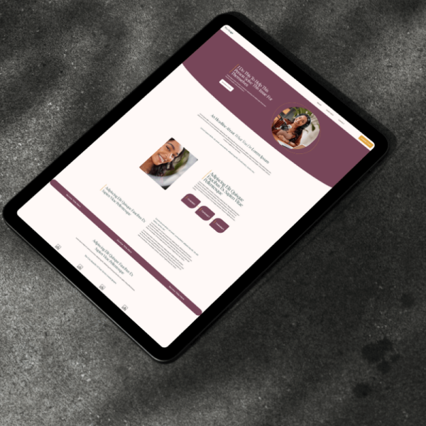 Life coaching website design template showcased on a tablet with dark shaded background