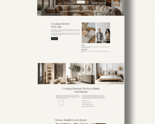 A high-end interior design website template showcased on a neutral background designed by Sprout Marketing and Design in Chandler Az