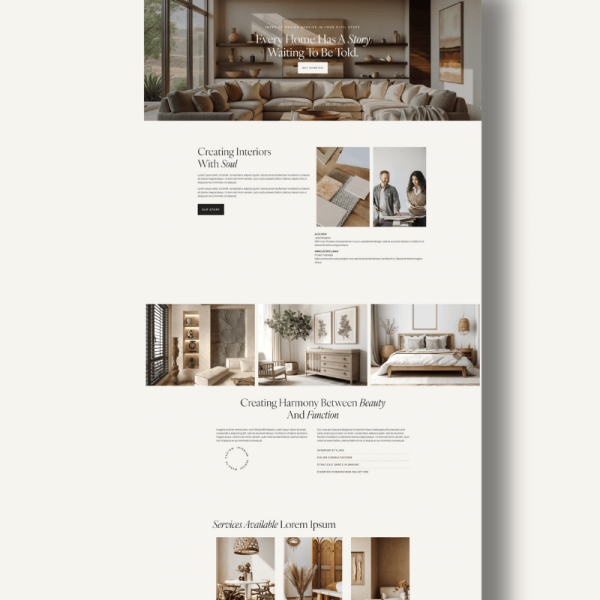 A high-end interior design website template showcased on a neutral background designed by Sprout Marketing and Design in Chandler Az