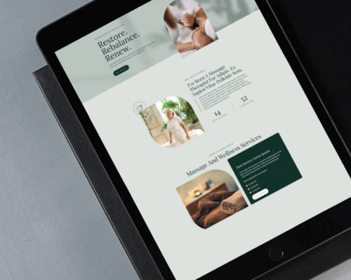 A massage therapist website template for WordPress showcased on a tablet